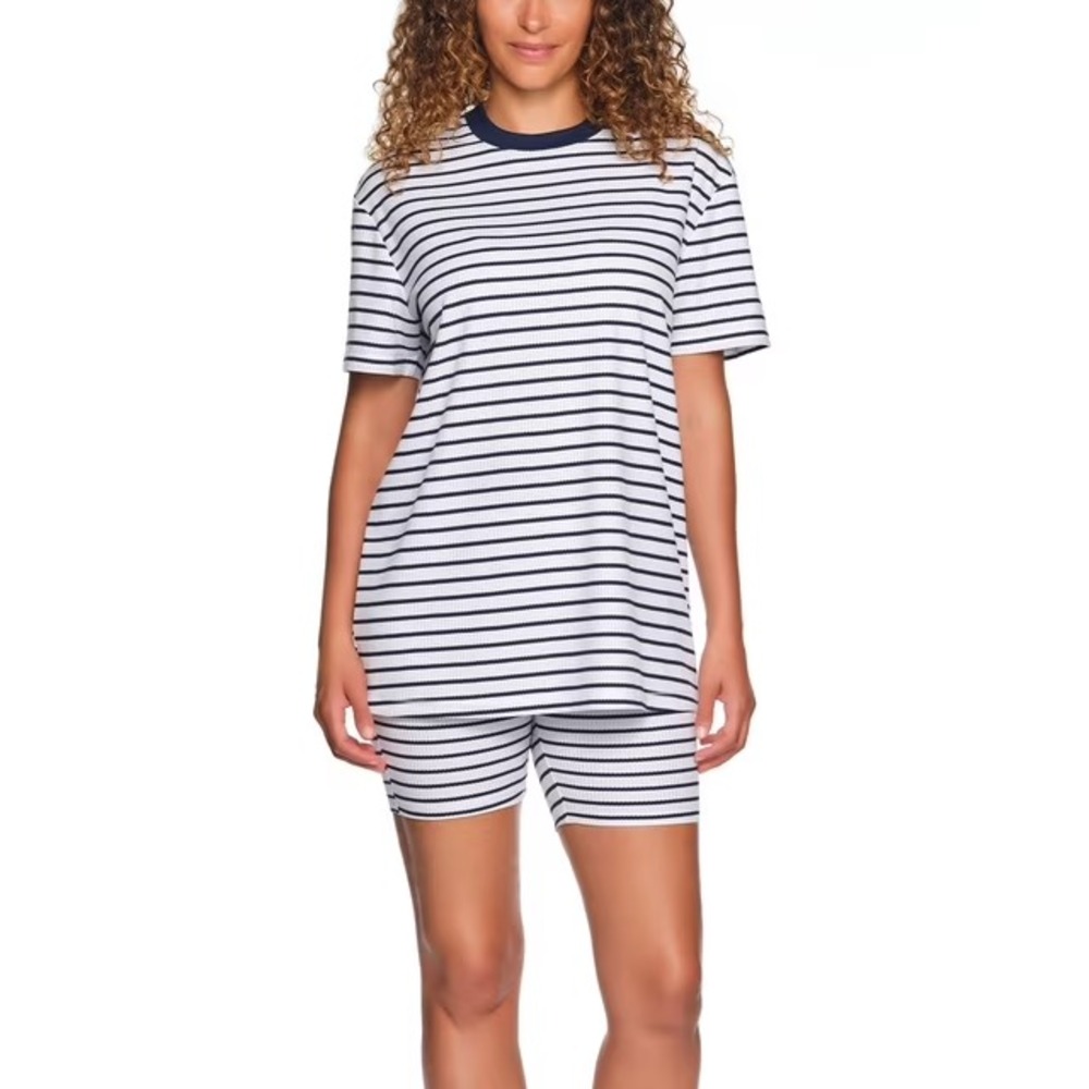 NWT LOFT Womens 2-Piece Bike Short Pajama Set Medium Blue Striped Ribbed